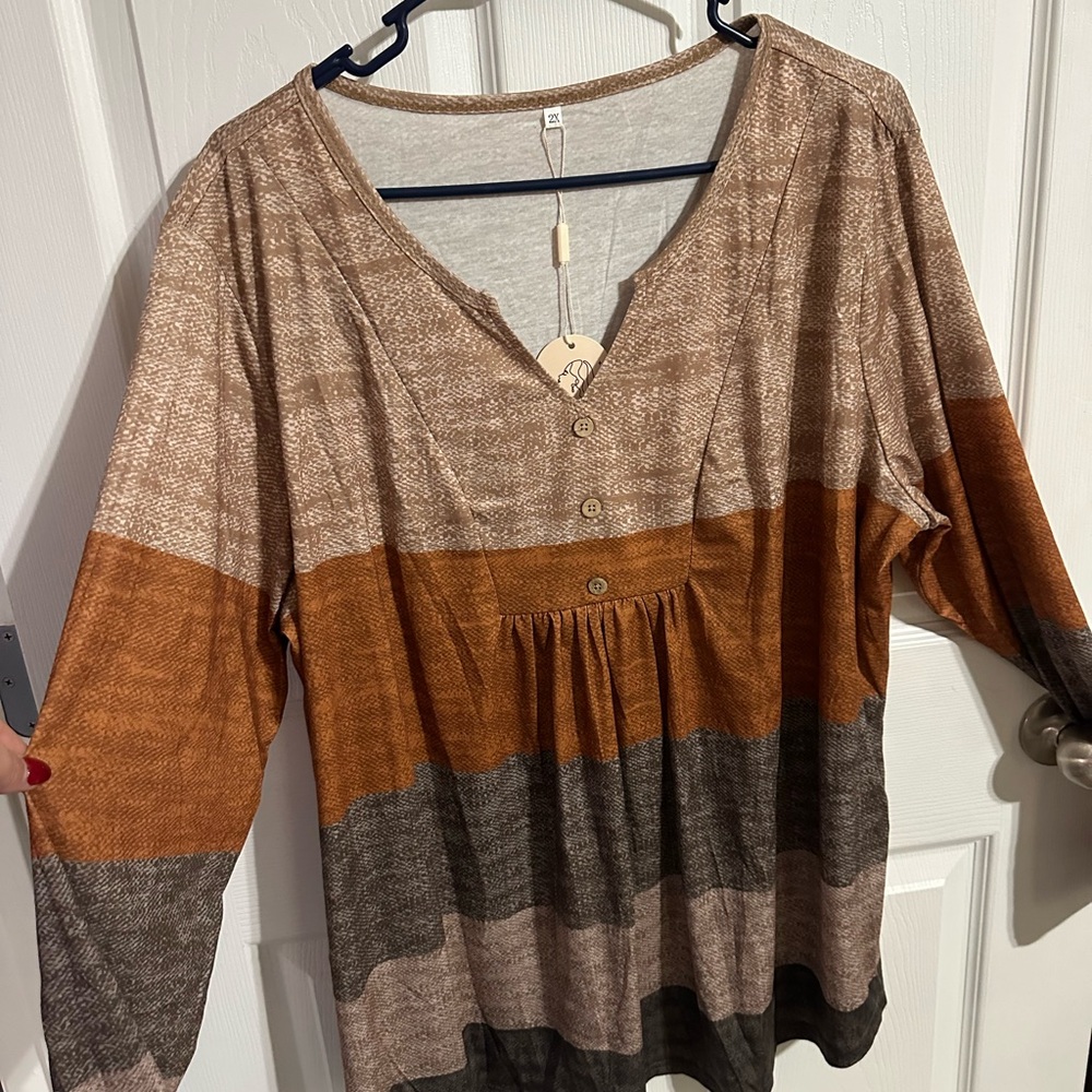 Source Unknown Colorblock V-Neck Blouse - Brown, Orange, and Gray